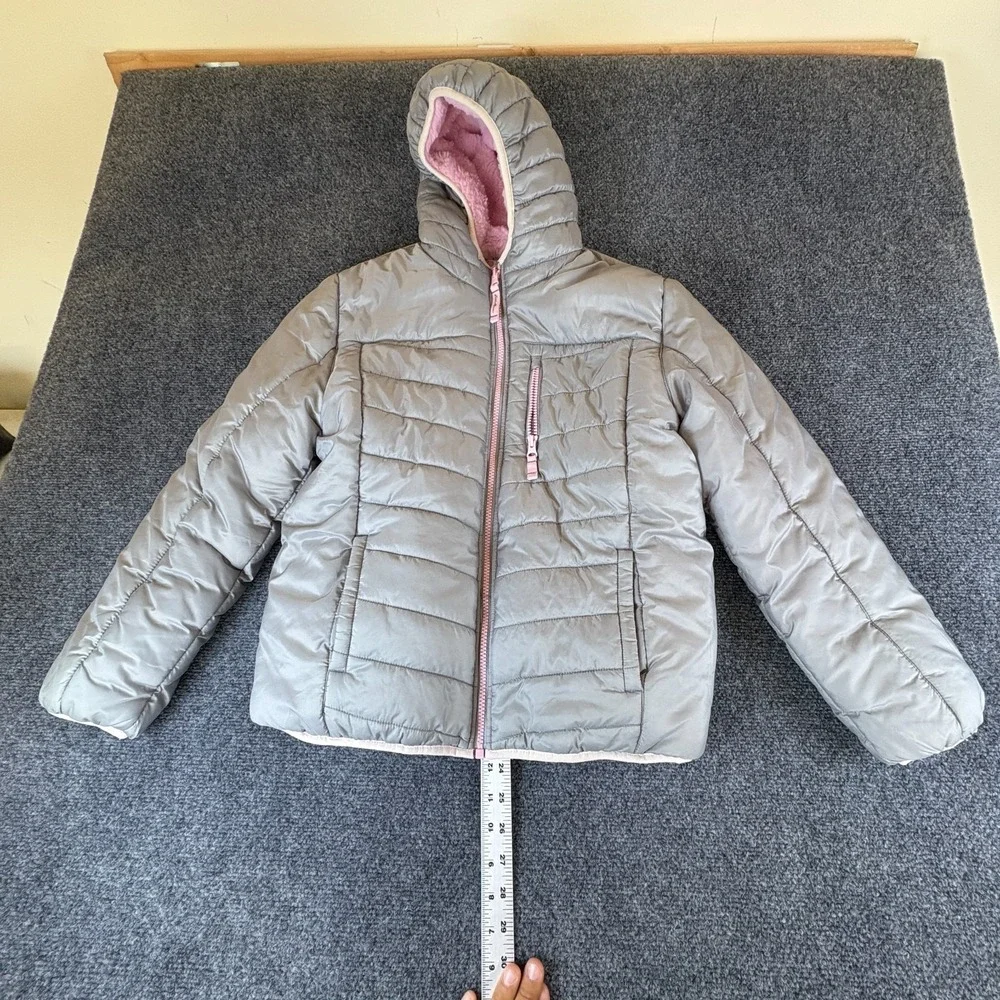 Eddie Bauer Reversible Puffer Jacket Girls L Gray Pink Faux Fur Hooded Full Zip